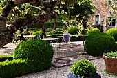 Garden table and chairs on gravel amongst topiary bushes and hedges