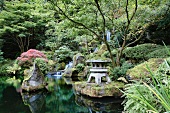 Tranquil pond with cascade waterfalls in a Japanese garden in Portland