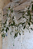 Sprigs of mistletoe decorated with glass beads in window with ancient masonry