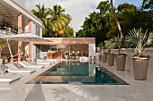 Luxurious, exotic pool complex with sun loungers and large potted palm trees