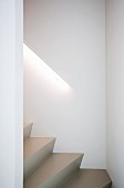 Hellgraue Stufen einer gewendelten Treppe mit Handlauf und integrierter Beleuchtung