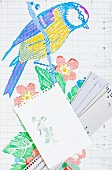 Patterns for making fabric ribbon: watercolour sketch, work sheet and punched cards
