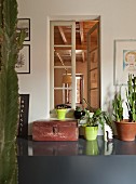 Vintage wooden chest next to potted plants on grey shelf in foyer with window showing view of interior