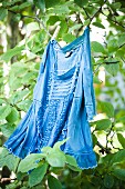 Blue vintage dress hung in a tree