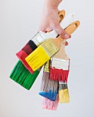Bunch of paintbrushes held by male hand