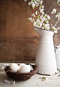 Eier im Nest und Emailkrug mit Blütenzweigen
