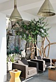 Comfortable outdoor armchairs in front of potted trees on Mediterranean veranda