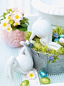 China Easter bunnies and chocolate eggs in and around metal container