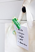 Clothes peg clipping shopping list to cloth bag