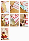 DIY - striped fabric lampshade; reading chair in a living room with the finished product used for a floor lamp