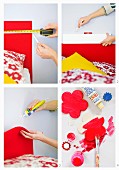 Four steps for making a bed headboard out of felt with red-painted flowers