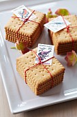 Stacked biscuits tied together & decorated with postage stamps