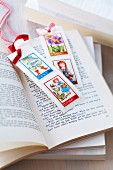 Hand-crafted bookmarks decorated with postage stamps