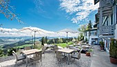 Sun terrace of Hotel Moosegg with view of Langnau im Emmental, Bern Canton, Switzerland