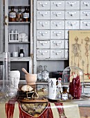 Mortar and pestle, laboratory vessels, anatomic illustrations and models of human body in front of old apothecary cabinet painted pale grey