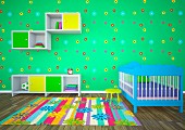 Kinderzimmer mit grüner Wand, Schränken, buntem Teppich und blauem Bett