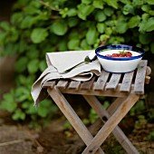 Erdbeeren in einer Schüssel auf Holztischchen im Garten