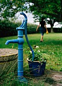 Water pump and pot plant in field, woman walking in background