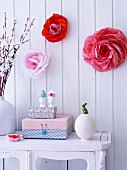 Tissue paper flower decorations on wall for Easter