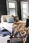 Daybed with animal-skin blanket and scatter cushions and full-length, framed mirrors leaning against wall