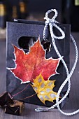 Small gift bag decorated with painted autumn leaves