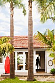 Entrance area of wood-clad bungalow behind tall palm trees in front garden below clouds and blue sky