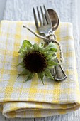 Sunflower seed head and cutlery on napkin