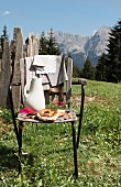 Simple meal on vintage wooden chair in summer meadow surrounded by mountain landscape