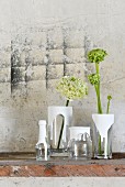 Craft idea - glass vessels dipped in white paint holding flowers on surface against weathered stone wall