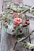 Ice candle lantern decorated with rosehips