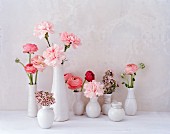 Various pink flowers in white vases