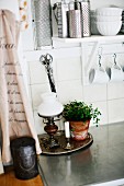 Paraffin lamp with white glass lampshade and pot of herby on kitchen counter below kitchen utensils on bracket shelf