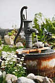 Water feature made from antique hand pump and wooden tub in summery garden