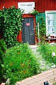 Kleiner Garten mit Mohnblumen vor rustikalem Holzhäuschen mit roter Holzfassade