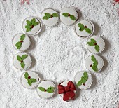 Circle of festively iced cupcakes on white surface