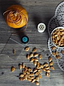 Pumpkin seeds and nylon thread: craft materials for making a pumpkin-seed garland