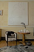 Drawing of woman above art nouveau armchair and small china vases on antique side table