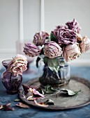 Two vases of faded purple roses