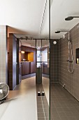 Designer bathroom with glass partition in front of brown-tiled shower area