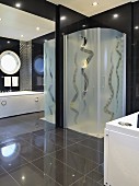 Shower cubicle with snake pattern in frosted glass walls in futuristic bathroom with reflective surfaces