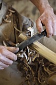 Man's hands removing bark from branch using peeling knife