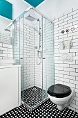 Contemporary bathroom with shower and toilet and black and white colour scheme