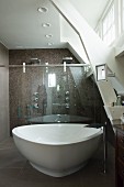 Free-standing, spa bathtub in front of shower area with glass sliding doors