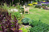Well-tended garden with colourful flowerbed and small lavender plants in black plant pots