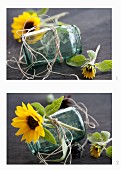 Decorating a preserving jar with sunflowers