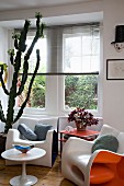 Plastic, retro bucket armchairs and tulip table in corner of room with ceiling-high cactus