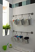 Bathroom utensils in zinc buckets hanging from rods on wall and potted plant in narrow window
