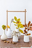 weiße Keramikvasen mit herbstlichen Blätterzweigen auf Tisch