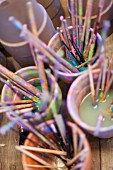 Many paint-stained paintbrushes soaking in pots of water