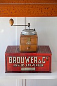 Retro coffee mill and painted wooden box